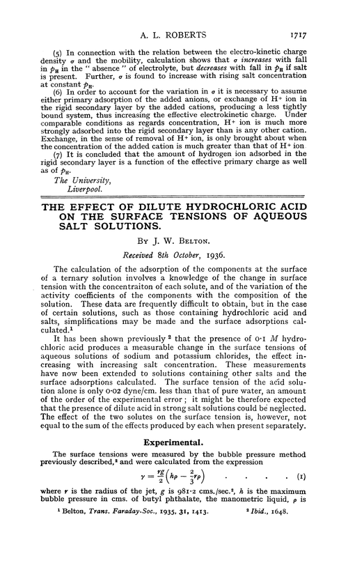 The effect of dilute hydrochloric acid on the surface tensions of aqueous salt solutions