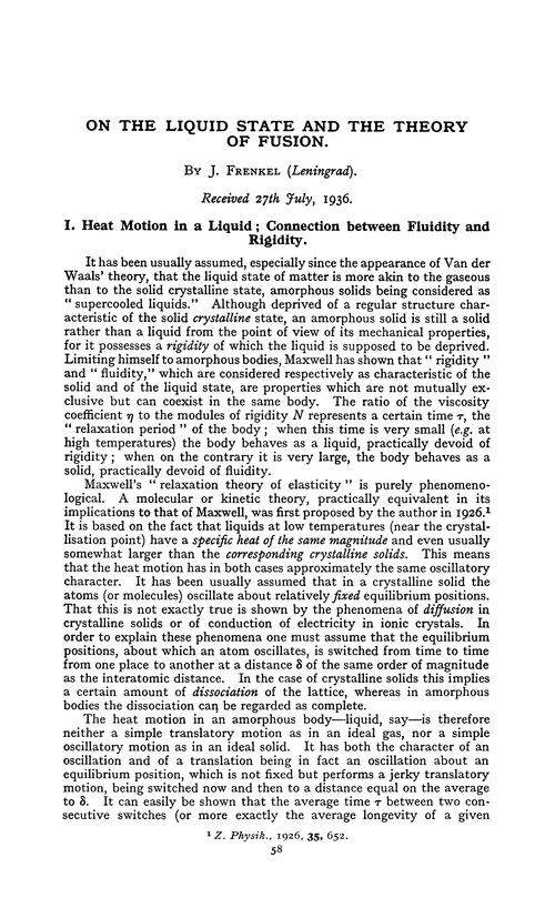 On the liquid state and the theory of fusion
