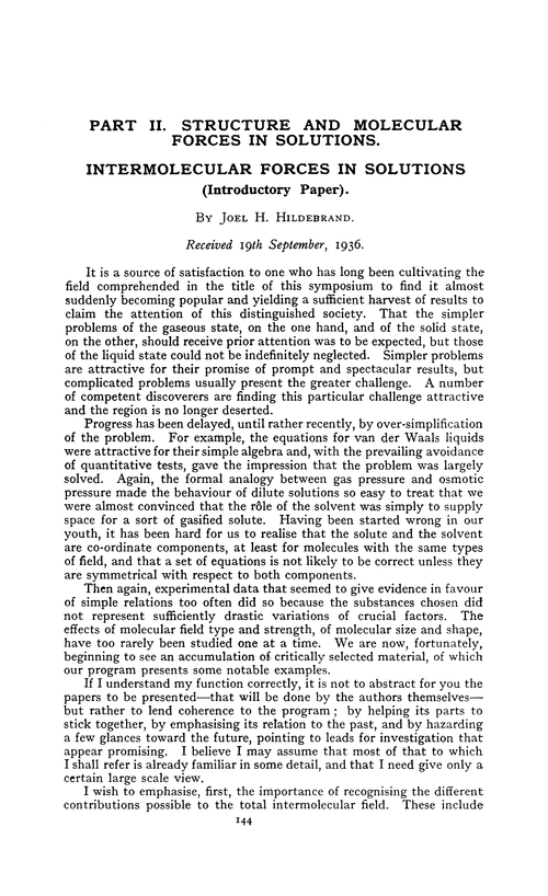 Part II. Structure and molecular forces in solutions. Intermolecular forces in solutions. (Introductory Paper)