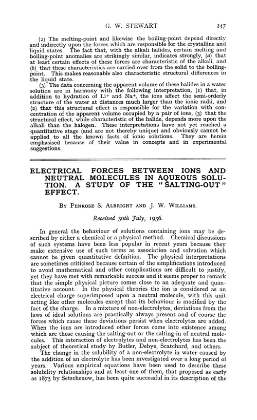 Electrical forces between ions and neutral molecules in aqueous solution. A study of the “salting-out” effect