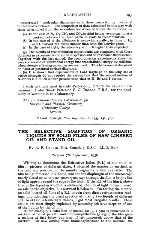 The selective sorption of organic liquids by solid films of raw linseed oil and stand oil