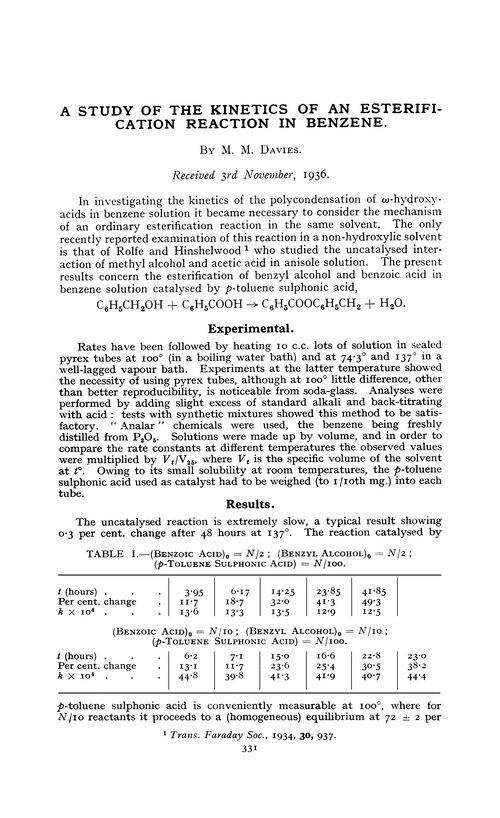 A study of the kinetics of an esterification reaction in benzene