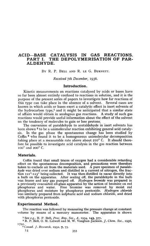 Acid—base catalysis in gas reactions. Part I. The depolymerisation of paraldehyde