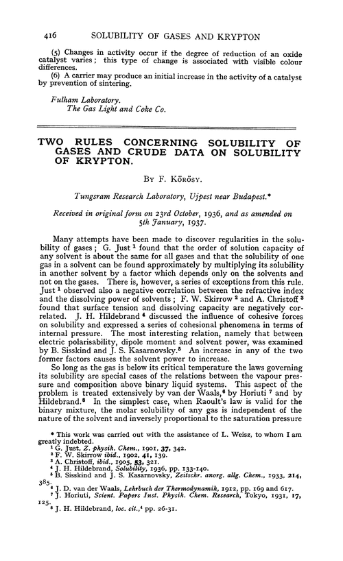 Two rules concerning solubility of gases and crude data on solubility of krypton