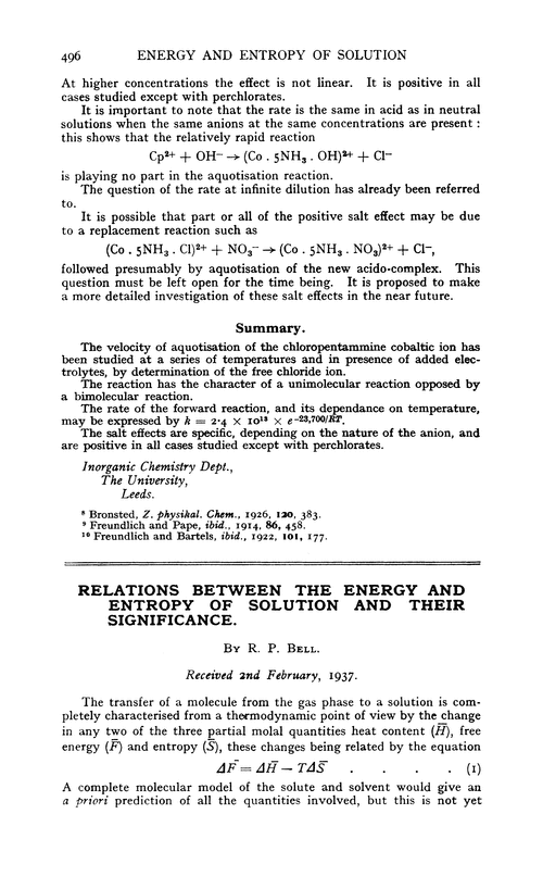 Relations between the energy and entropy of solution and their significance