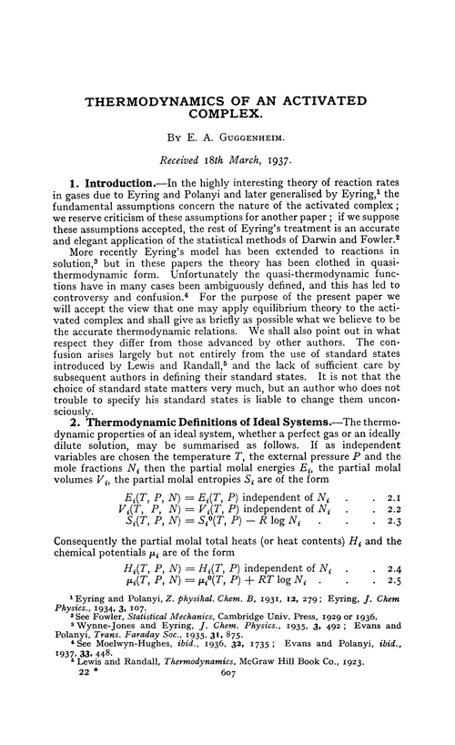 Thermodynamics of an activated complex