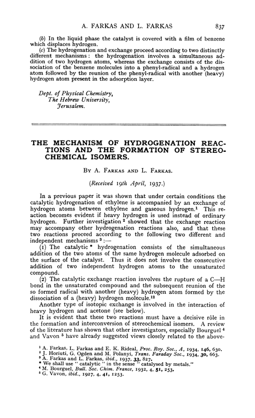 The mechanism of hydrogenation reactions and the formation of stereochemical isomers