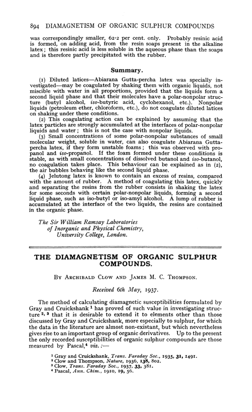 The diamagnetism of organic sulphur compounds