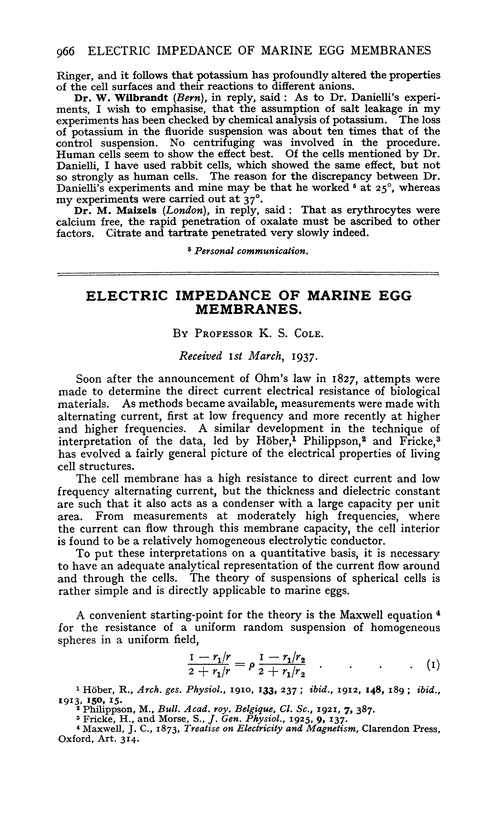 Electric impedance of marine egg membranes