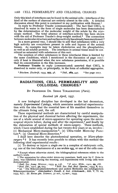 Radiations, cell permeability and colloidal changes