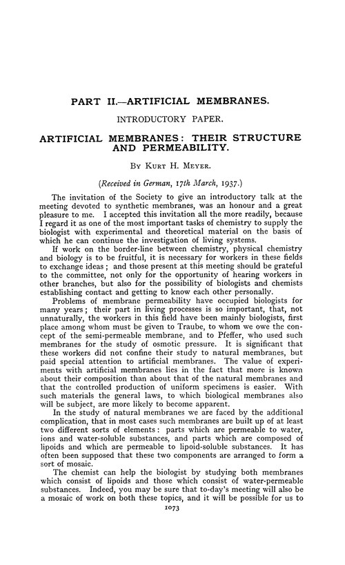 Part II.—Artificial membranes. Introductory paper. Artificial membranes: their structure and permeability