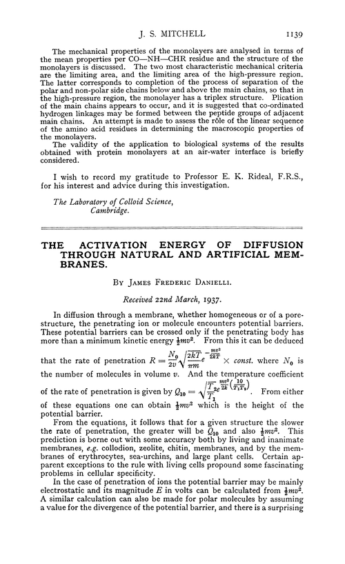 The activation energy of diffusion through natural and artificial membranes