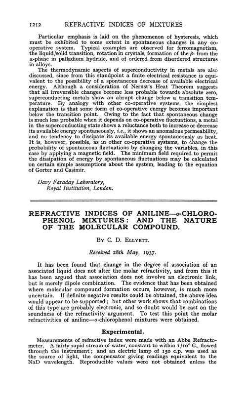 Refractive indices of aniline—o-chlorophenol mixtures: and the nature of the molecular compound