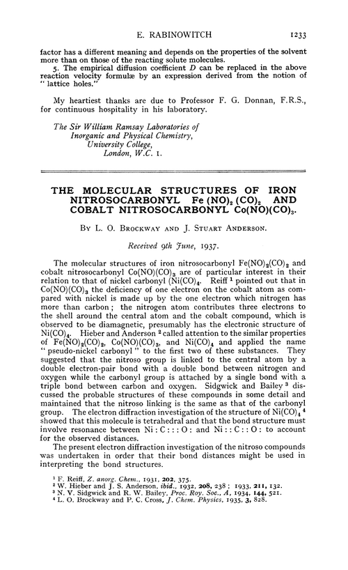 The molecular structures of iron nitrosocarbonyl Fe (NO)2(CO)2 and cobalt nitrosocarbonyl Co(NO)(CO)3