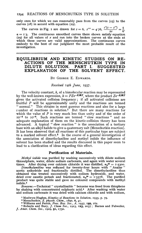 Equilibrium and kinetic studies on reactions of the Menschutkin type in dilute solution. Part I. Suggested explanation of the solvent effect