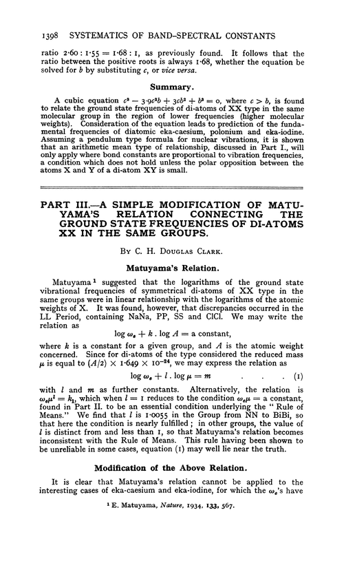 Part III.—A simple modification of Matuyama's relation connecting the ground state frequencies of di-atoms XX in the same groups