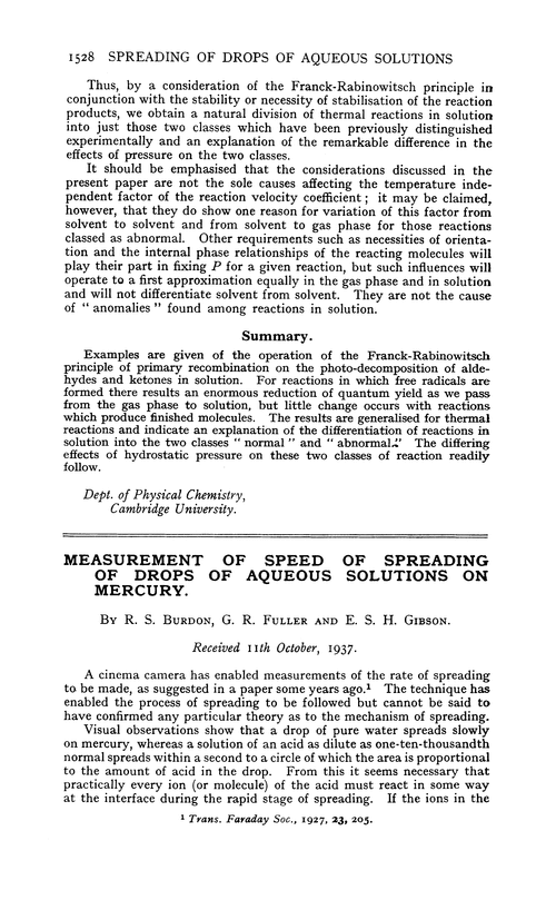 Measurement of speed of spreading of drops of aqueous solutions on mercury