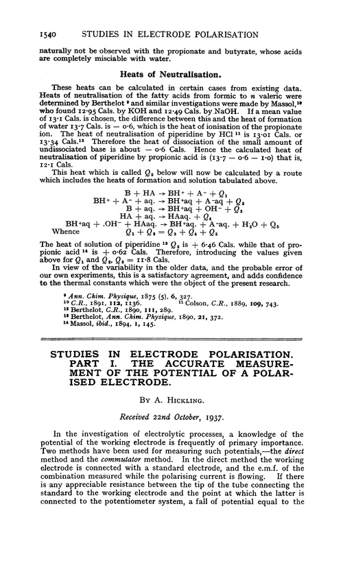 Studies in electrode polarisation. Part I. The accurate measurement of the potential of a polarised electrode
