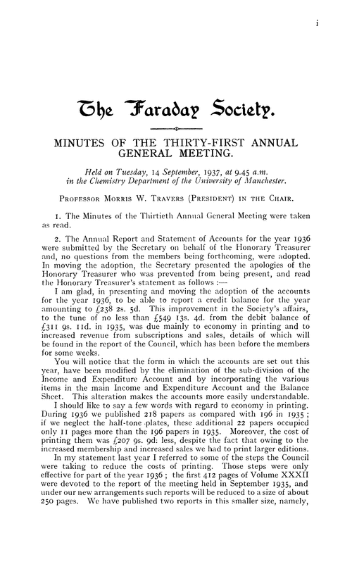 The Faraday Society. Minutes of the Thirty-first Annual General Meeting