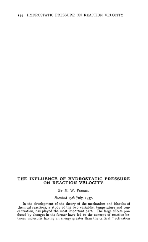 The influence of hydrostatic pressure on reaction velocity