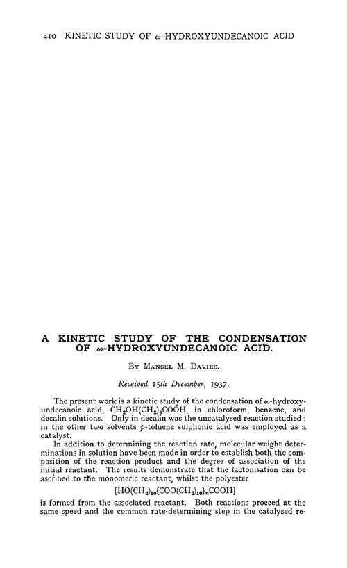 A kinetic study of the condensation of ω-hydroxyundecanoic acid