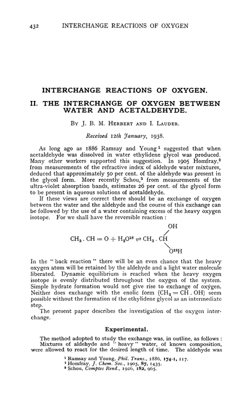 Interchange reactions of oxygen. II. The interchange of oxygen between water and acetaldehyde