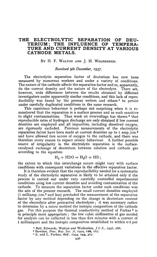 The electrolytic separation of deuterium; the influence of temperature and current density at various cathode metals