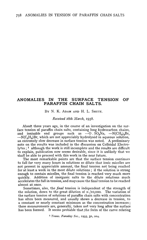 Anomalies in the surface tension of paraffin chain salts