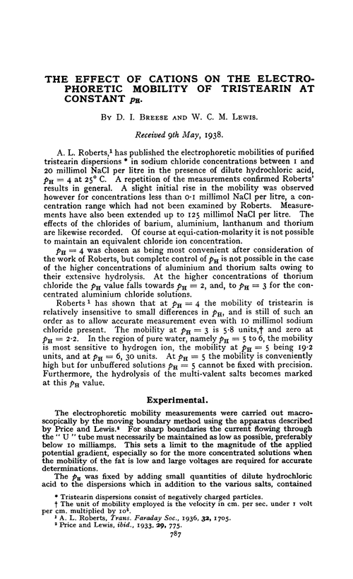 The effect of cations on the electrophoretic mobility of tristearin at constant p