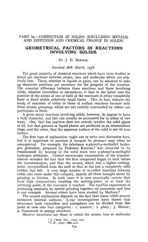 Part IB.—Conduction in solids (excluding metals) and diffusion and chemical change in solids. Geometrical factors in reactions involving solids