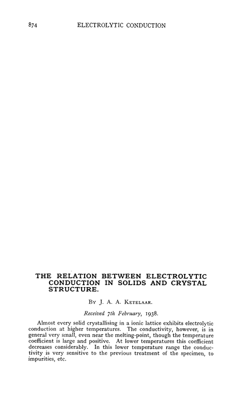 The relation between electrolytic conduction in solids and crystal structure