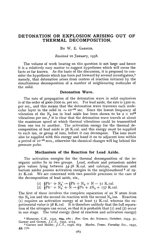 Detonation or explosion arising out of thermal decomposition