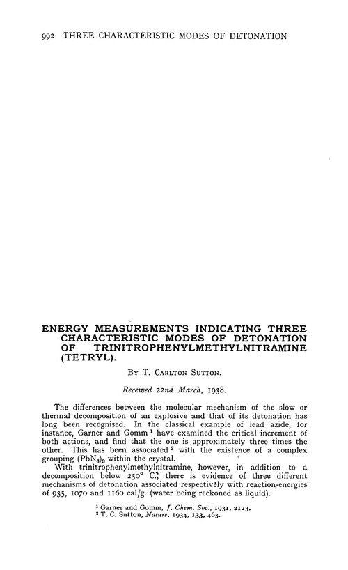 Energy measurements indicating three characteristic modes of detonation of trinitrophenylmethylnitramine (tetryl)