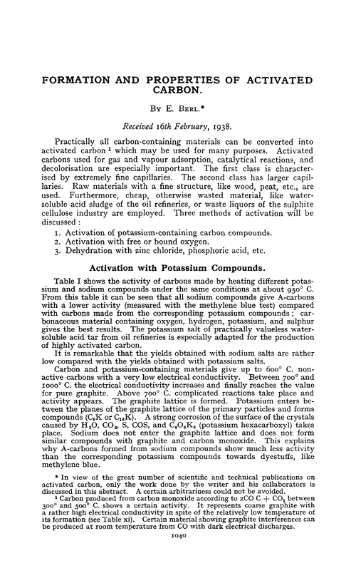 Formation and properties of activated carbon