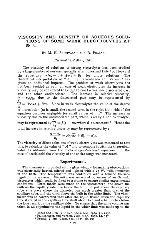 Viscosity and density of aqueous solutions of some weak electrolytes at 35° C