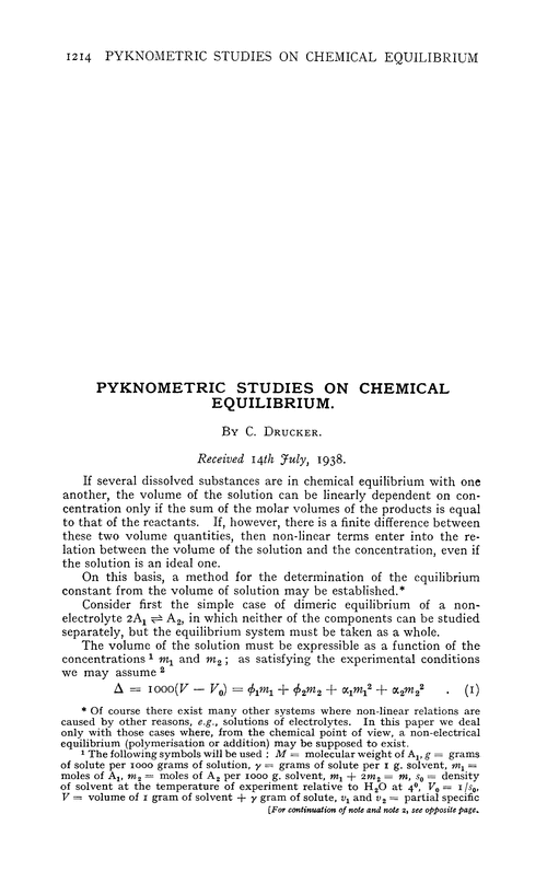 Pyknometric studies on chemical equilibrium