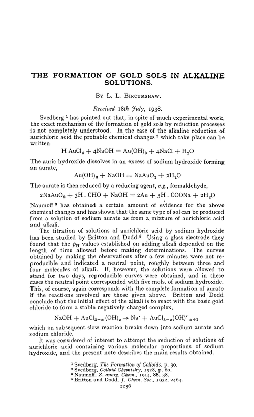 The formation of gold sols in alkaline solutions