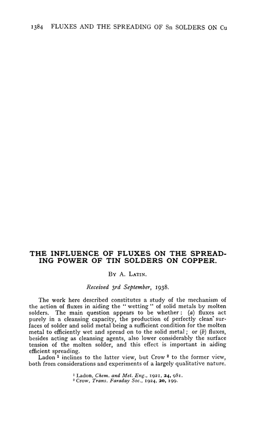 The influence of fluxes on the spreading power of tin solders on copper