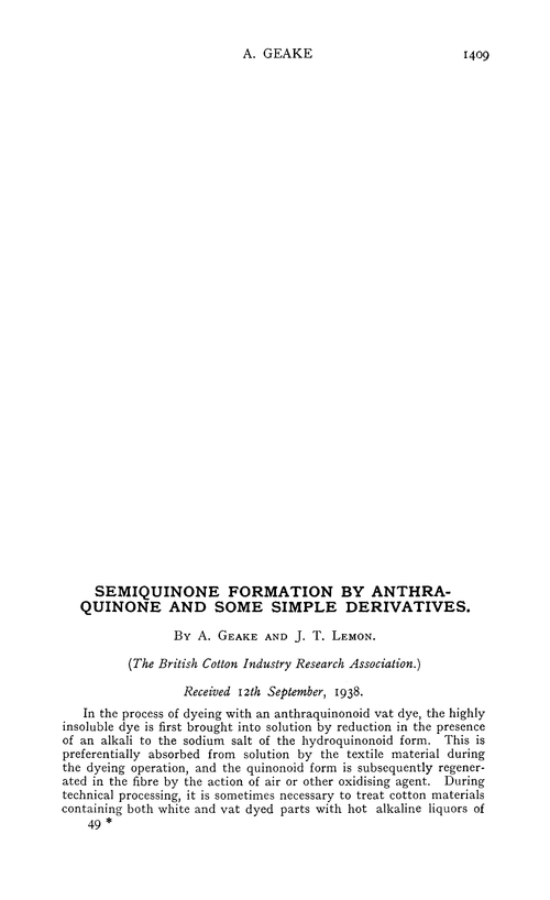 Semiquinone formation by anthraquinone and some simple derivatives