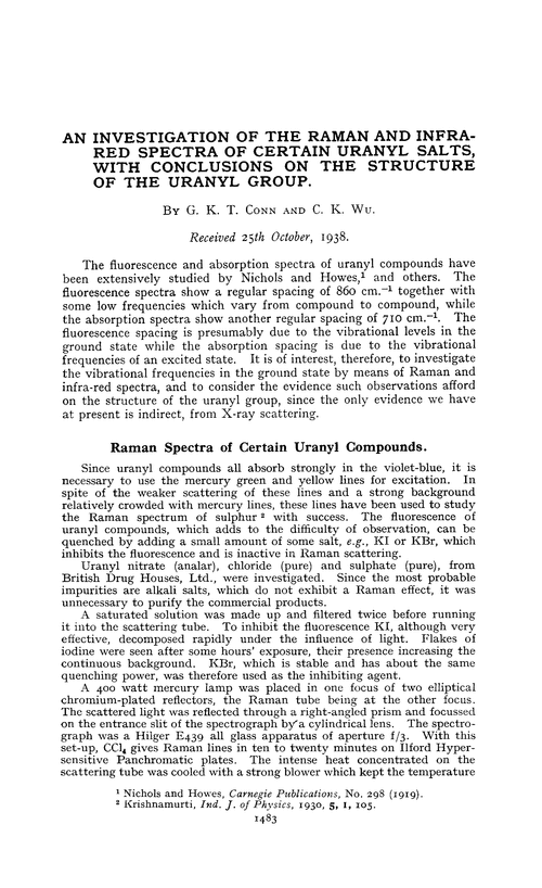 An investigation of the Raman and infra-red spectra of certain uranyl salts, with conclusions on the structure of the uranyl group