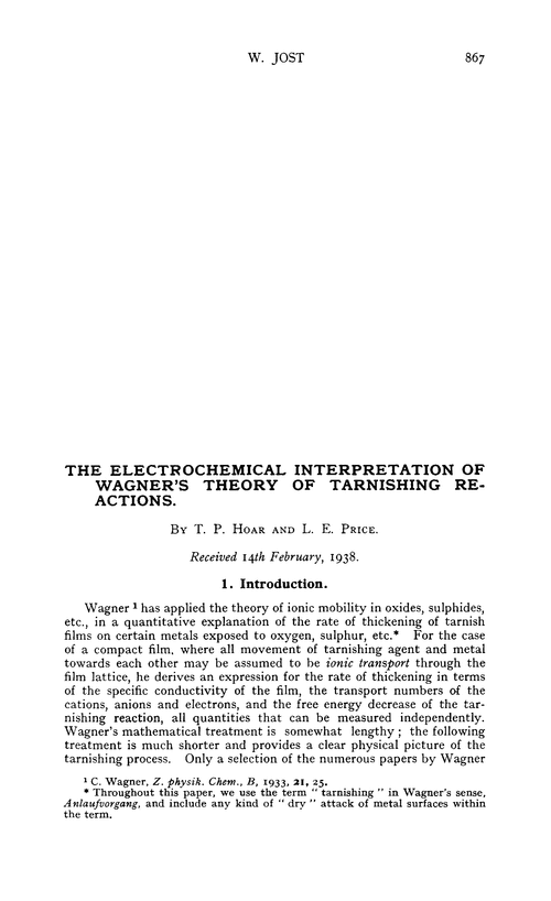The electrochemical interpretation of Wagner's theory of tarnishing reactions