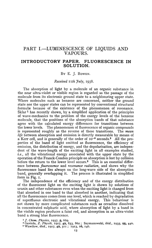 Part I.—Luminescence of liquids and vapours. Introductory paper. Fluorescence in solution