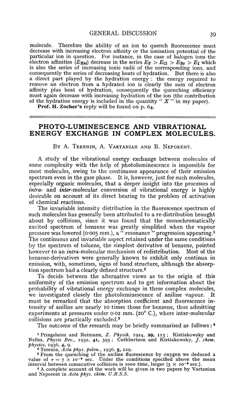 Photo-luminescence and vibrational energy exchange in complex molecules