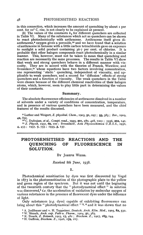 Photosensitised reactions and the quenching of fluorescence in solution