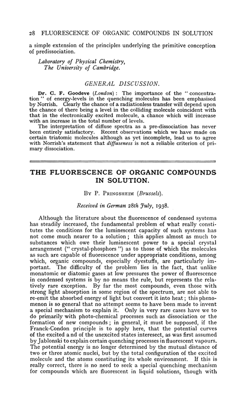 The fluorescence of organic compounds in solution