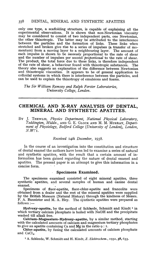 Chemical and X-ray analysis of dental, mineral and synthetic apatites
