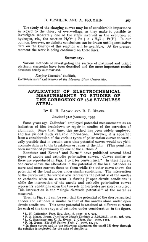 Application of electrochemical measurements to studies of the corrosion of 18-8 stainless steel