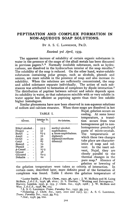 Peptisation and complex formation in non-aqueous soap solutions