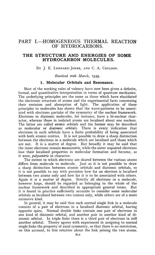 Part I.—Homogeneous thermal reaction of hydrocarbons. The structure and energies of some hydrocarbon molecules