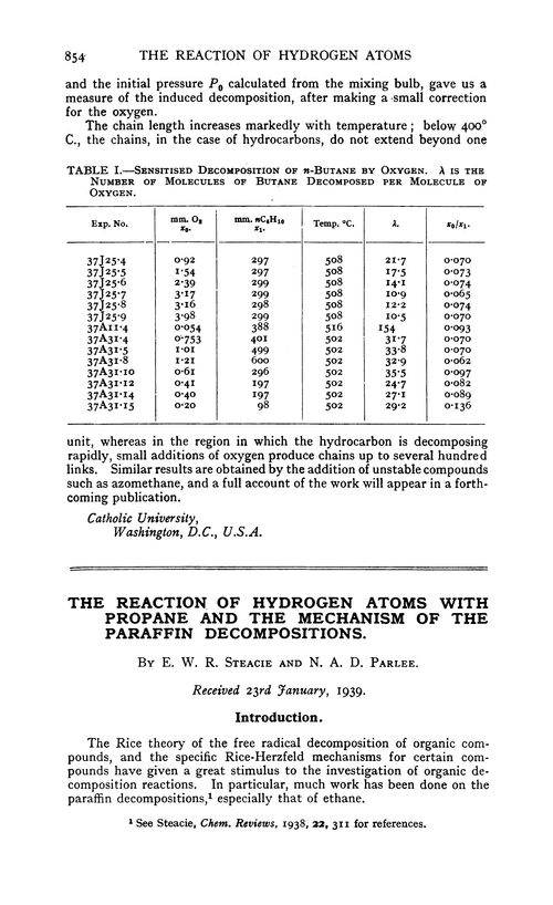 The reaction of hydrogen atoms with propane and the mechanism of the paraffin decompositions